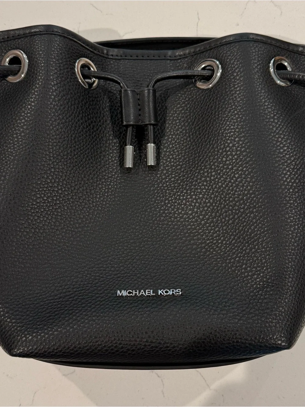 Michael Kors Black Leather Bucket Bag with Silver Hardware and Strap